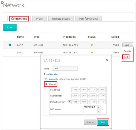 Network connections tab