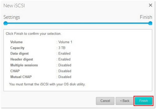 iSCSI settings confirmation screen