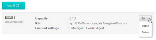 iSCSI target edit menu