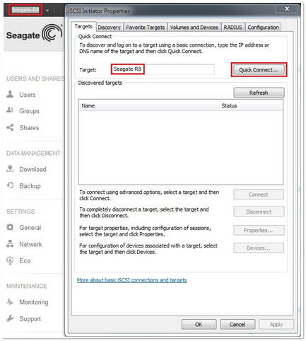 iSCSI Initiator Properties screen